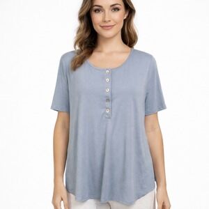 Zenana Ash Blue Short Sleeve Dolphin Hem Shell Button Up Top Large‎